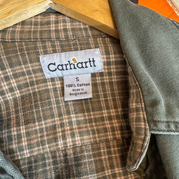 Vintage Carhartt Canvas Flannel Lined Work Shirt Jacket Sage Green Plaid S - Picture 3 of 5